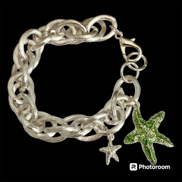 Silver Sea Life Starfish Charm Bracelet 8-8.5" Chain Beach Plus Size Plated - Picture 1 of 10